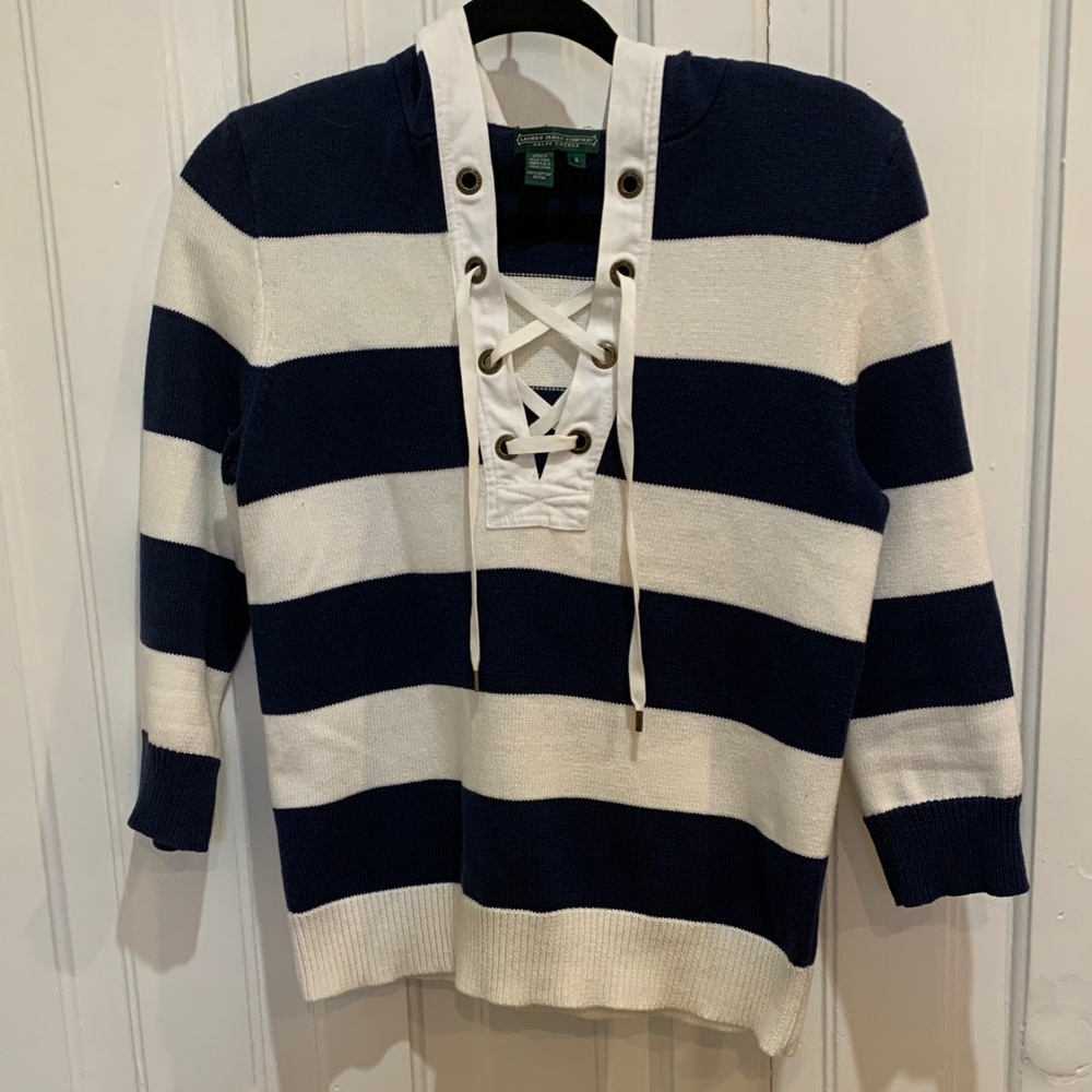 Nautical Navy and White V-Neck  hooded Sweater
